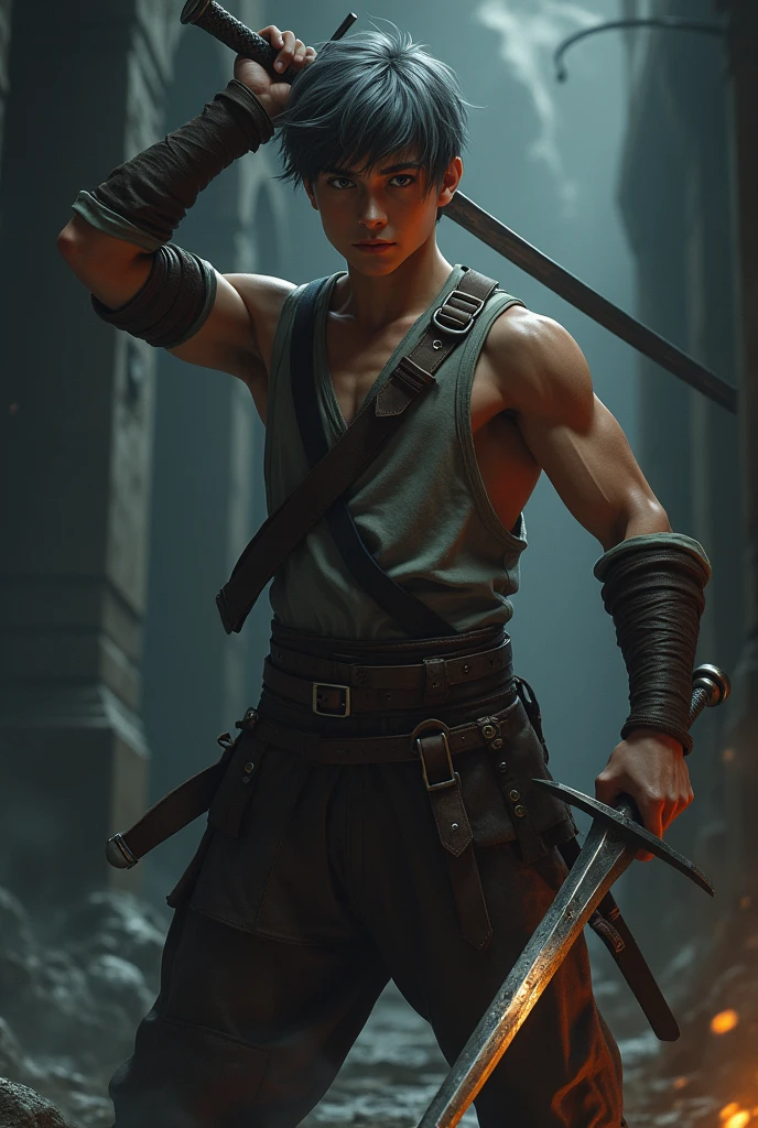 Tan good looking boy with dark grey hair holding a sword full body ready to fight