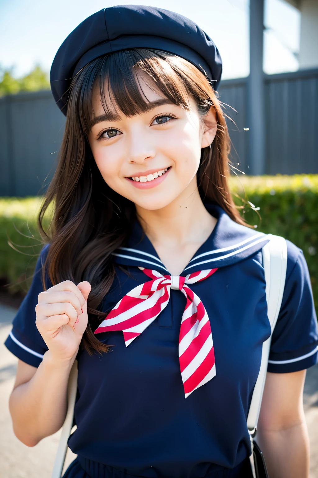 score_9, score_8_up, score_7_up, score_6_up, score_5_up, score_4_up, 32k, RAW photo, (((()))), cute baby face, romantic, navy blue sailor uniform, school route, smile