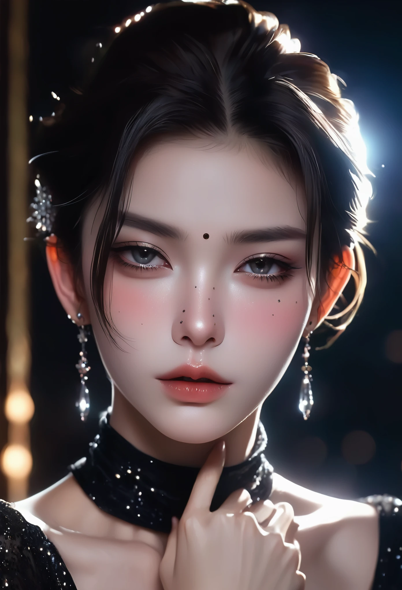 1 Girl,Solitary,Exquisite facial features,Dark eyeshadow,small freckles,Back lip,Slender neck,Hands touch chin,Exaggerated jewelry,Short and smooth hair,Detailed hair accessories,Glowing skin,High collar off-shoulder short sleeves,Looking at the camera
