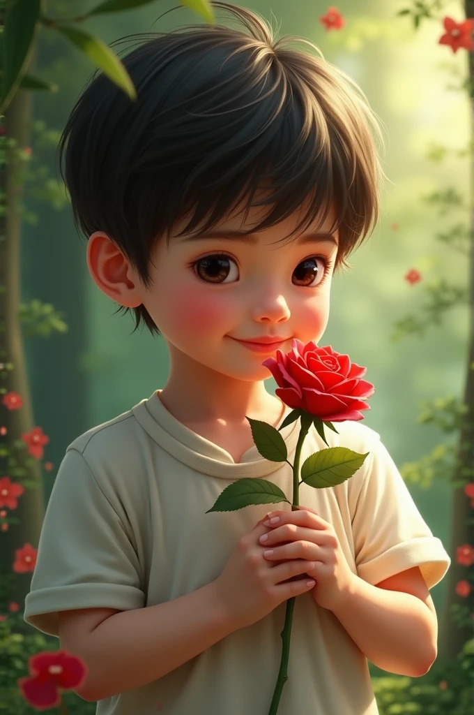 Create a picture of boy holding Rose flower