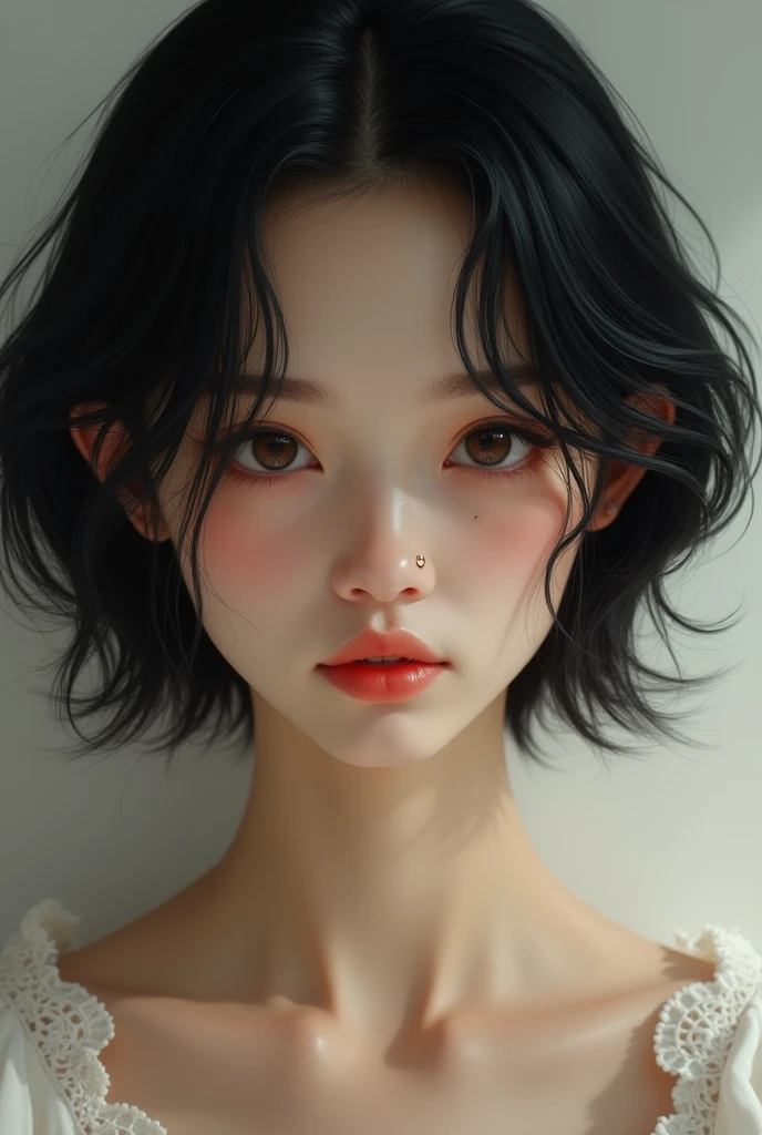 light brunette girl, with short black wavy hair, small, slanted eyes with a mole between them on the bridge of the nose, small and flat nose, small mouth with full lips and a perfect cupid's bow, a lump on the right cheek
