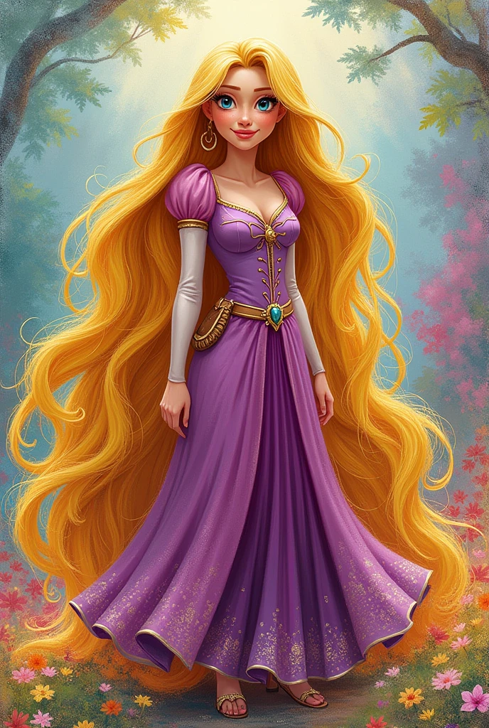 Disney's Rapunzel, representing his personality with his pose , let your hair surround the image , brave look in crayon and pencil
