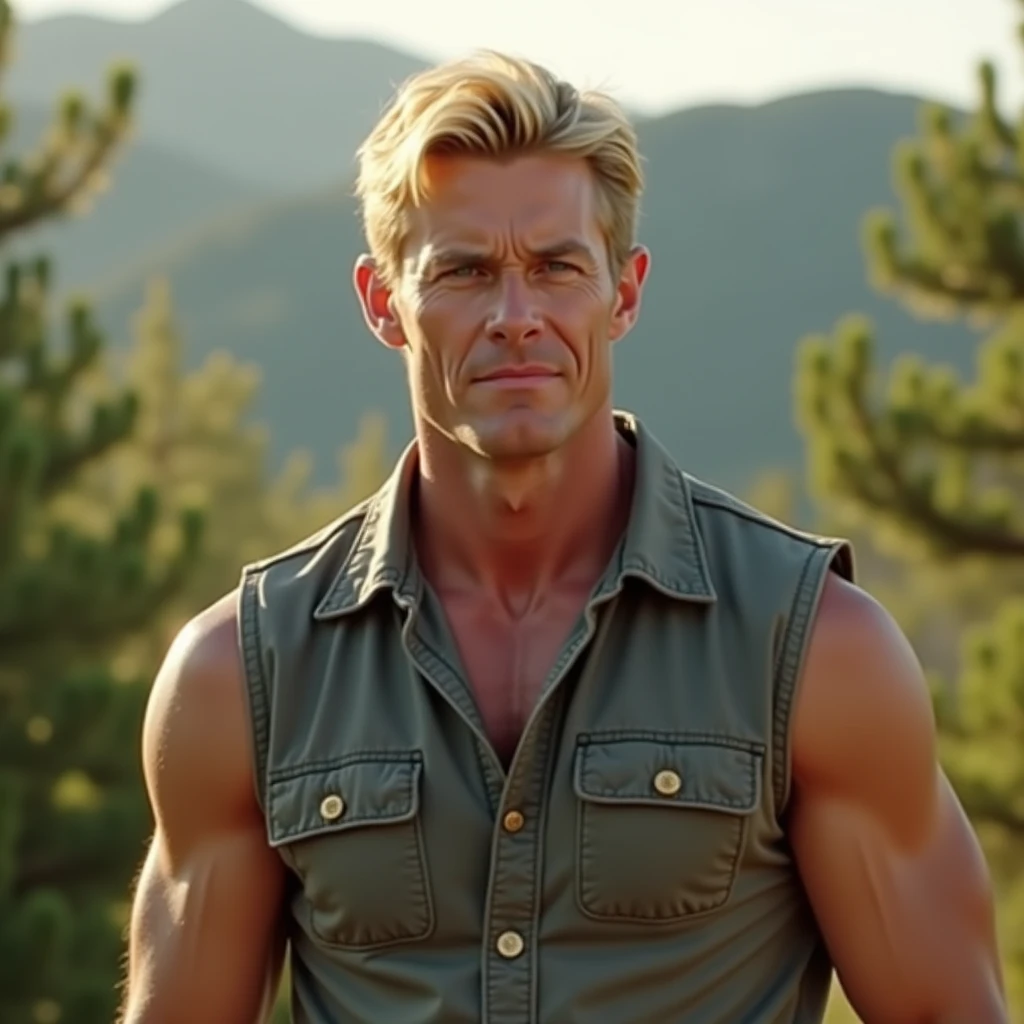 (photorealism:1.1) Successful American man, 3, standing outdoors, wearing a gray vest, blond hair, confident, strong expression. Soft light, green trees and hills behind, with sun, cozy room, comfortable posture, realistic, intricate details, warm colors. Slightly blurred background. Looking straight at the camera.