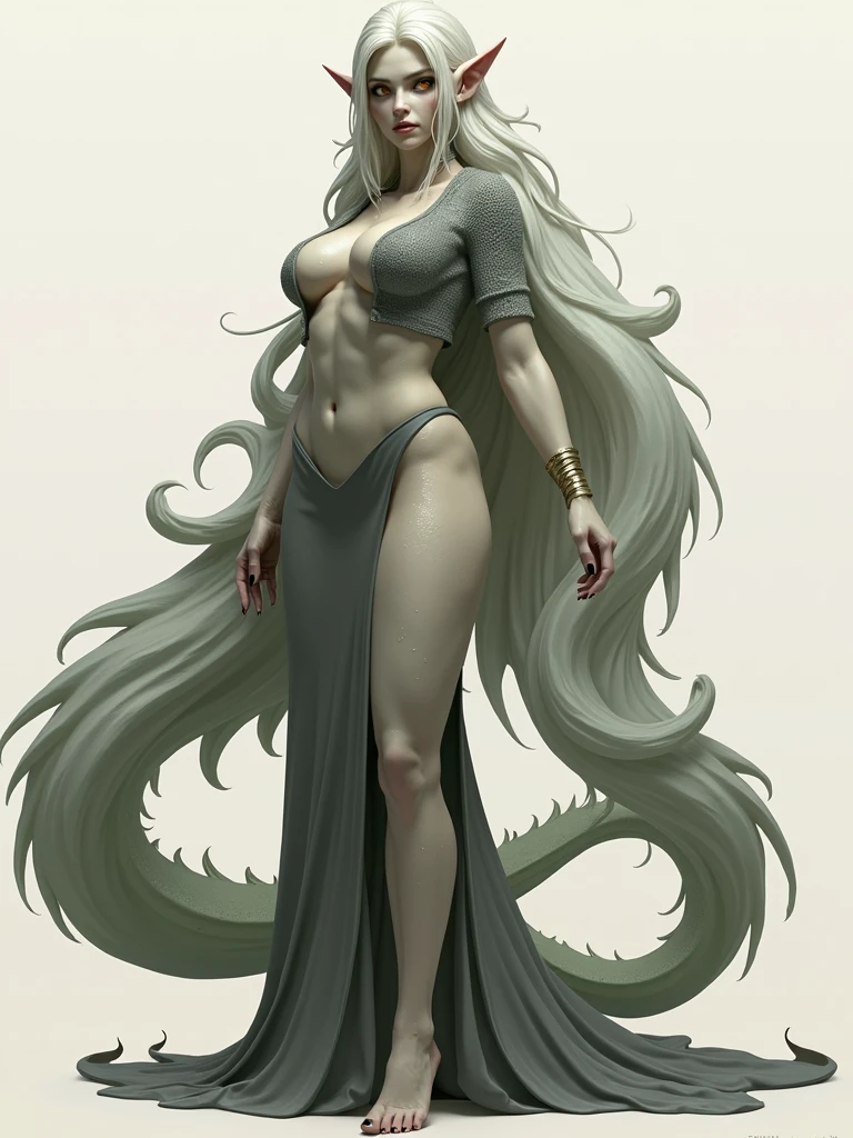 (((Sharp detailsパーフェクトフェイス))), (Huge breasts), ( Supports the hips), Detailed skin, ((masterpiece)), Highest quality, (Sharp details), 4K, (((Married Woman))), ((White skin)), (Pointed Ears), (Lizard tail), (Platinum Hair), (Muscular), Sweat, (Dragon Girl), Lewd (Long skirt and sweater), Amber Eyes, View your viewers, (Tall Woman), (In the heat), Long Hair, (Tomboy), (Mature Woman), ((視聴者よりTall Woman)), ((Mature Woman)),