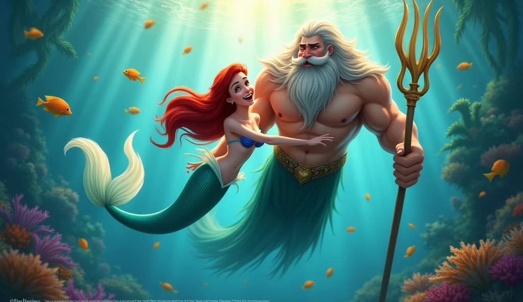 Mermaid Ariel happy swimming with her father King Triton
