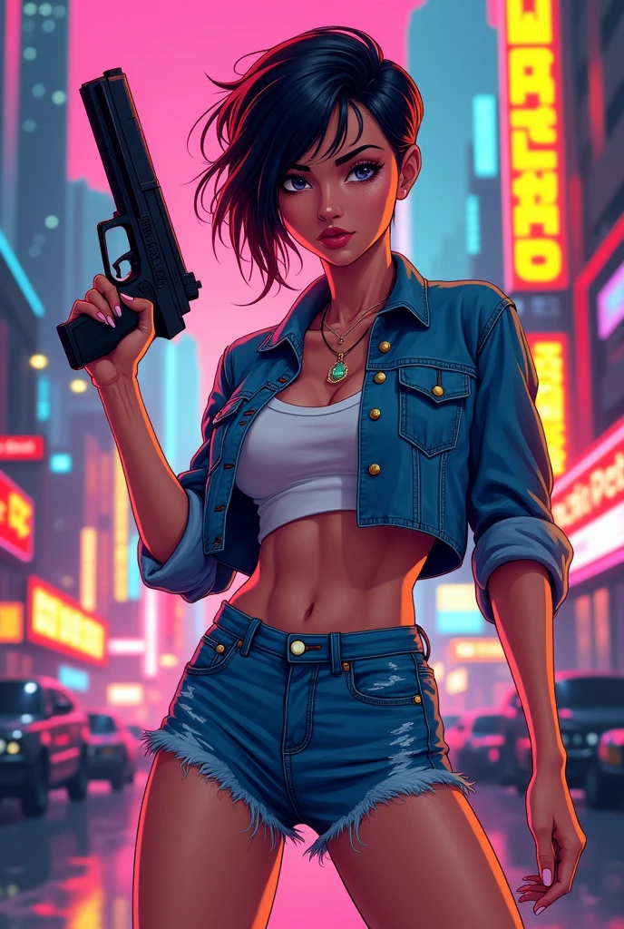 80s style poster with a woman in short denim shorts and cropped short jeans holding a gun