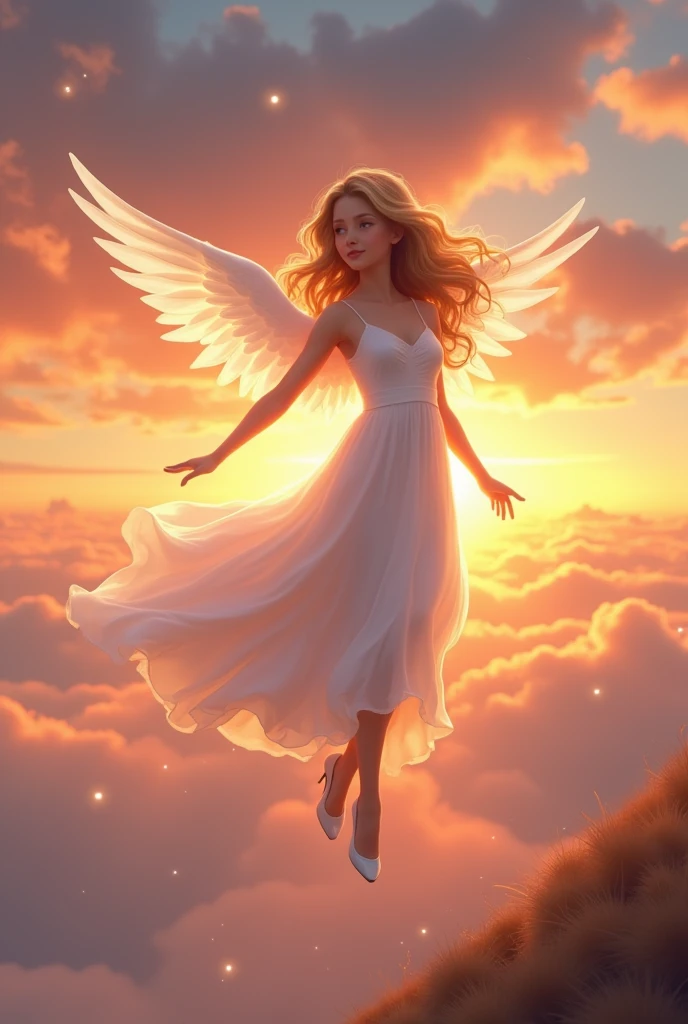 create an AI animated young and beautiful angel character the dress white gown,white heel hair and a beautiful pet .The character is fly closer to at the side of sunrise  . Make sure the text is not mispelled.