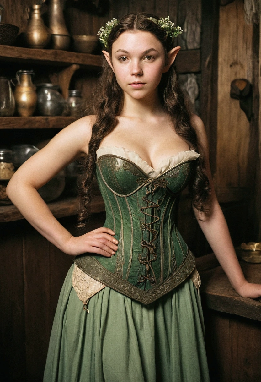 analog film photograph, photo of an elven maiden, 18-years-old, amazonian stature, athletic hourglass figure, busty breasts, narrow waist, full wide hips, big round buttocks, wearing a corset and a petticoat, warm almond complexion, pointy elf ears, dark hair, long messy waves, resembles Margaery Tyrell, posing in a seedy medieval tavern, RAW Photograph, dslr, soft lighting, high quality, film grain, Fujifilm XT3, detailed skin with visible pores, insane details, masterpiece, 8k, 35mm photograph, dslr, kodachrome, faded film, desaturated, grainy, vintage, Lomography, stained, highly detailed, found footage, long elven ears