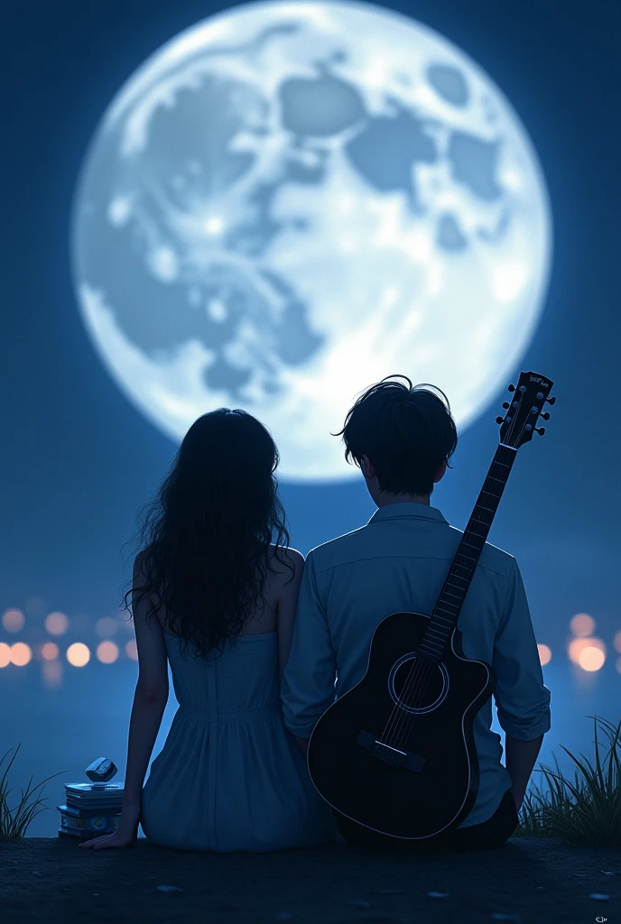 You can make two people sitting watching the most beautiful full moon they have ever seen., The woman is dark-haired and has wavy hair and the man is a singer., He carries a black guitar and he has his hair a little long too., and with bangs in front, They are sitting and next to them there is a CD of a song lying around, a disk that is moon-shaped, I want them to be together in the photo 