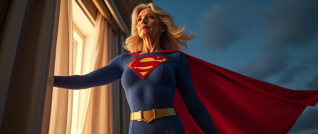 (((very beautiful old Supergirl (((1984s Supergirl movie costume))) Julie Hagerty))) Super old woman Julie Hagerty; confident, powerful, indestructible, attractive; big and firm chest; strong breasts; floating outside a window; straight body; view from inside to outside, full body fluttering curtains, night, cinematic lighting, dramatic pose, beautiful detailed eyes, beautiful detailed lips, extremely detailed face and features, elegant, graceful, flowing cape, vibrant colors, hyperrealistic, 8k, high quality, intricate details, photorealistic, masterpiece