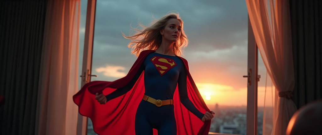 (((very beautiful old Supergirl (((1984s Supergirl movie costume))) Julie Hagerty))) Super old woman Julie Hagerty; confident, powerful, indestructible, attractive; big and firm chest; strong breasts; floating outside a window; straight body; view from inside to outside, full body fluttering curtains, night, cinematic lighting, dramatic pose, beautiful detailed eyes, beautiful detailed lips, extremely detailed face and features, elegant, graceful, flowing cape, vibrant colors, hyperrealistic, 8k, high quality, intricate details, photorealistic, masterpiece