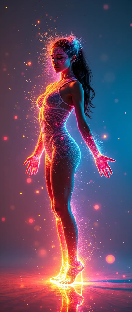 (((Photographic， Photo， Photogenic)))， extremely high quality high detail RAW color Photo， woman in dynamic pose， face covered in vibrant paint， fluid landscapes merging with form， 3D light objects that interact with the figure.， hyper-detailed illustrations， feeling of melting into the composition， flat but expressive artistic approach， light wave aesthetics， Full body shot， illuminated textures， bright accents， bright color palette， energy and movement encapsulated， fluidity and dynamics of light， Striking visual contrast， Ingenious fusion of figures and abstract elements ,