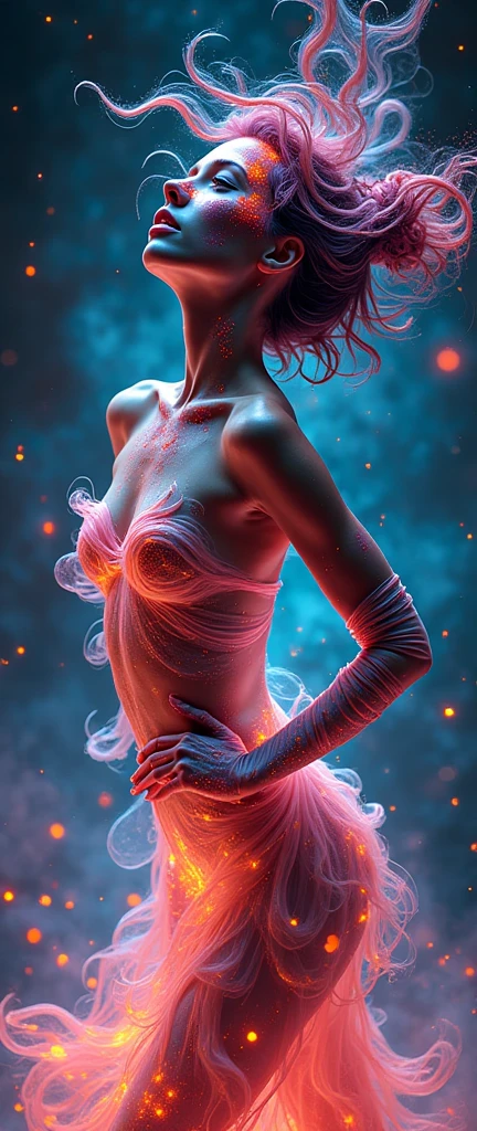 (((Photographic, Photo, Photogenic))), extremely high quality high detail RAW color Photo, woman in dynamic pose, face covered in vibrant paint, fluid landscapes merging with form, 3D light objects that interact with the figure., hyper-detailed illustrations, feeling of melting into the composition, flat but expressive artistic approach, light wave aesthetics, Full body shot, illuminated textures, bright accents, bright color palette, energy and movement encapsulated, fluidity and dynamics of light, Striking visual contrast, Ingenious fusion of figures and abstract elements ,