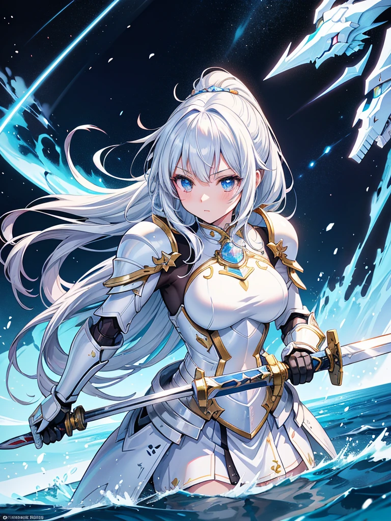 White haired beautiful princess knight wearing blue armor, holding a sword, upper body,