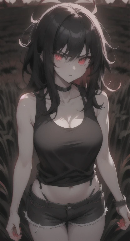 Glowing red eyes, malicious world eater, messy hair, glaring at viewer, field, tank top, shorts, 