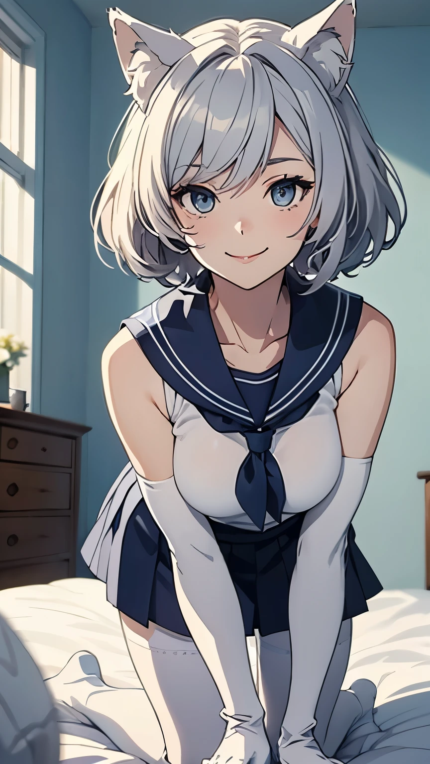 Tabletop　 Best image quality　wonderful　Attention to detail　One Young Woman（（Adult））Anime Style　White Sailor Suit（Sleeveless）　Navy blue mini skirt　snow-white gloves（Elbow Gloves）　White pantyhose　loafers　White wolf ears　short hair（（Shortcuts）（Gray Hair）（Curly Hair）（fluffy））　smile（Happy）　Eye color is blue　background（Bedroom）　On all fours　On the bed　　