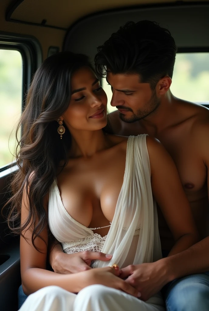 two lovers in a jeep, realistic indian woman and simple handsome man, romancing at the back seat. the girl is wearing plain white sheer transparent simple sari, showing naked boobs and nipples, nipples are perfect, she is not wearing bra, boy is hugging from behind and groping her breast from behind, nsfw ((nsfw 1:5))