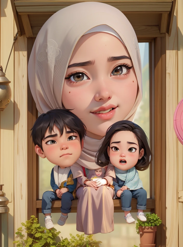 a close up of a hijab woman, Sitting with two boys at the window, full protrait, realism artstyle, inspired by Nil Gleyen, nft portrait, fanart, portait photo profile picture, kawaii realistic portrait, in cartoon style, inspired by JoWOnder, protrait, high quality portrait, sakimi, inspired by Kim Jeong-hui