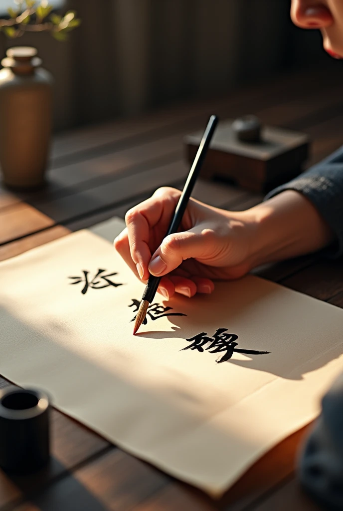 Writing calligraphy on rice paper on the table。There are four treasures of the study on the table。
Only the writing hand and brush are shown in the picture