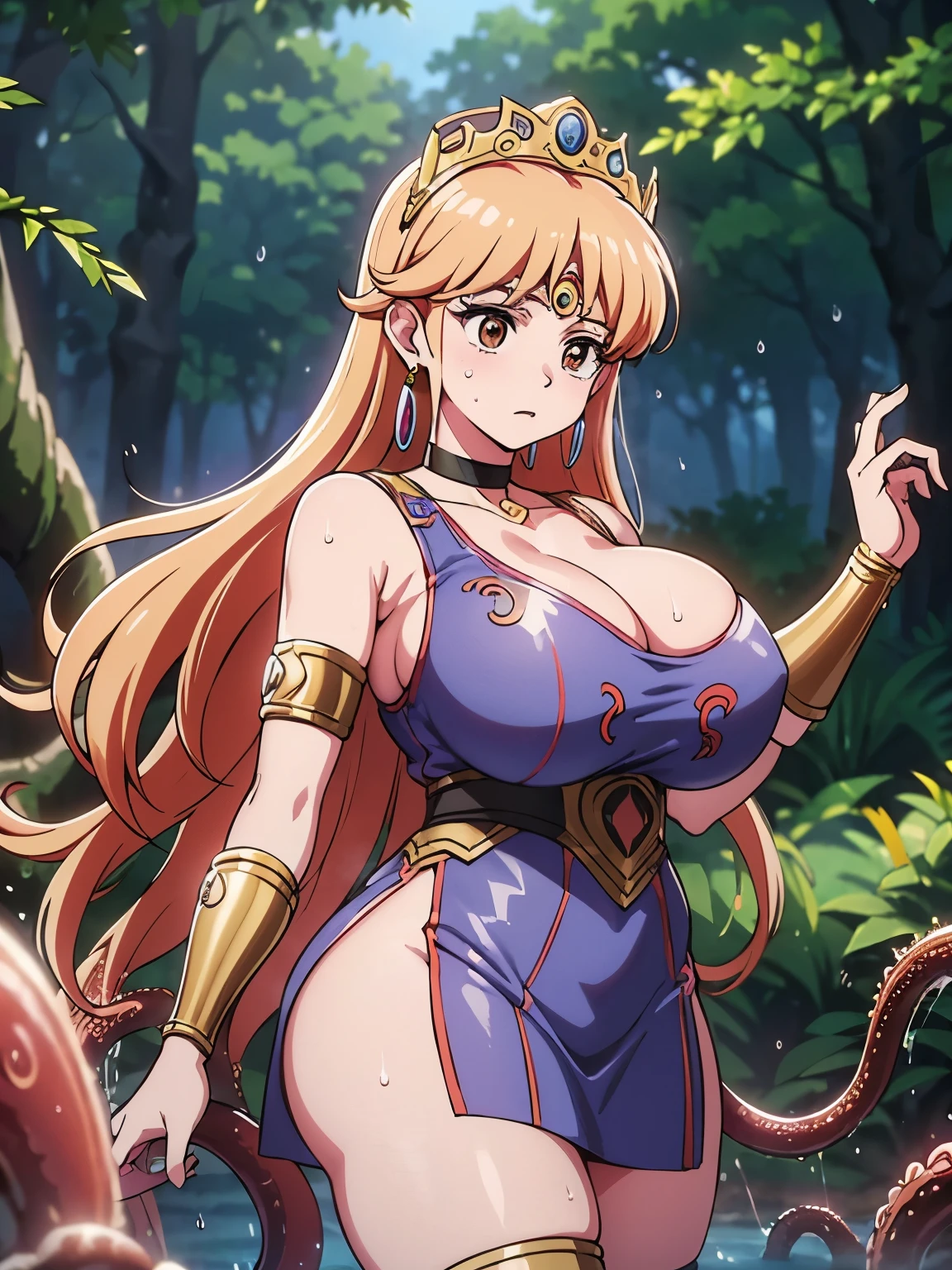 (masterpiece, highest quality:1.2), Ultra-high resolution), RAW Photos, Professional Lighting, Cinema Lighting, (1 girl), Leona, レオナ, Dragon Quest:dai no daibouken, (blonde, Long Hair, Brown eyes, string tiara, hair ornaments, bangs), ((earrings, brass Circlet, choker, white short dress, knee high socks, golden shoulder pads, white cloak, golden bracelet)), ((((ultra large natural breasts, Super huge tits, Super huge boob, Super huge cleavages)))), ((trees, ivy, swamp, dark forest, deep forest, dark atmosphere)), (nsfw:2.0, sweat bodies:2.0), (tentacles attack her:2.0, tentacles coil around her bodies:2.0), detailed face, detailed eyes, clear & fine eyes, standing, surprised face, scared face, amazed face,