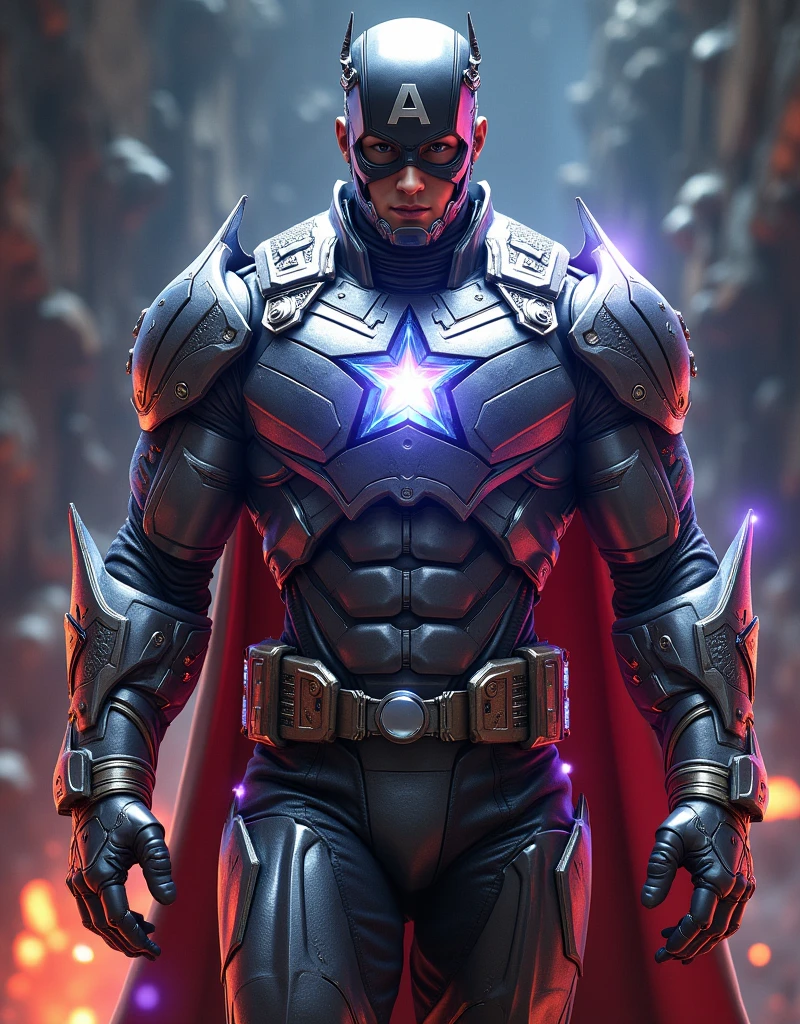 Captain America super hyper realistic carechter sleek elegant armor, radiant metal, intricate detail, celestial infernal asthetics, runes and sigils, central crystal core, pulsing energy, multicolored light, prismatic glow, muscler body