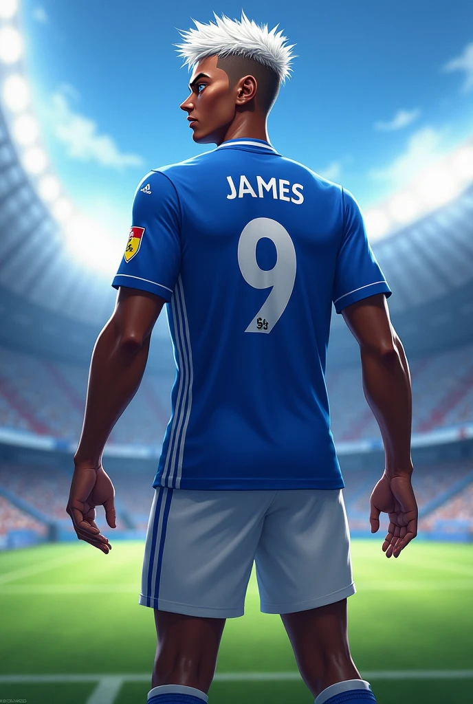 A Blue lock character with number 9 as kit number with James as his shirt name skin color is black white hair and blue eyes 