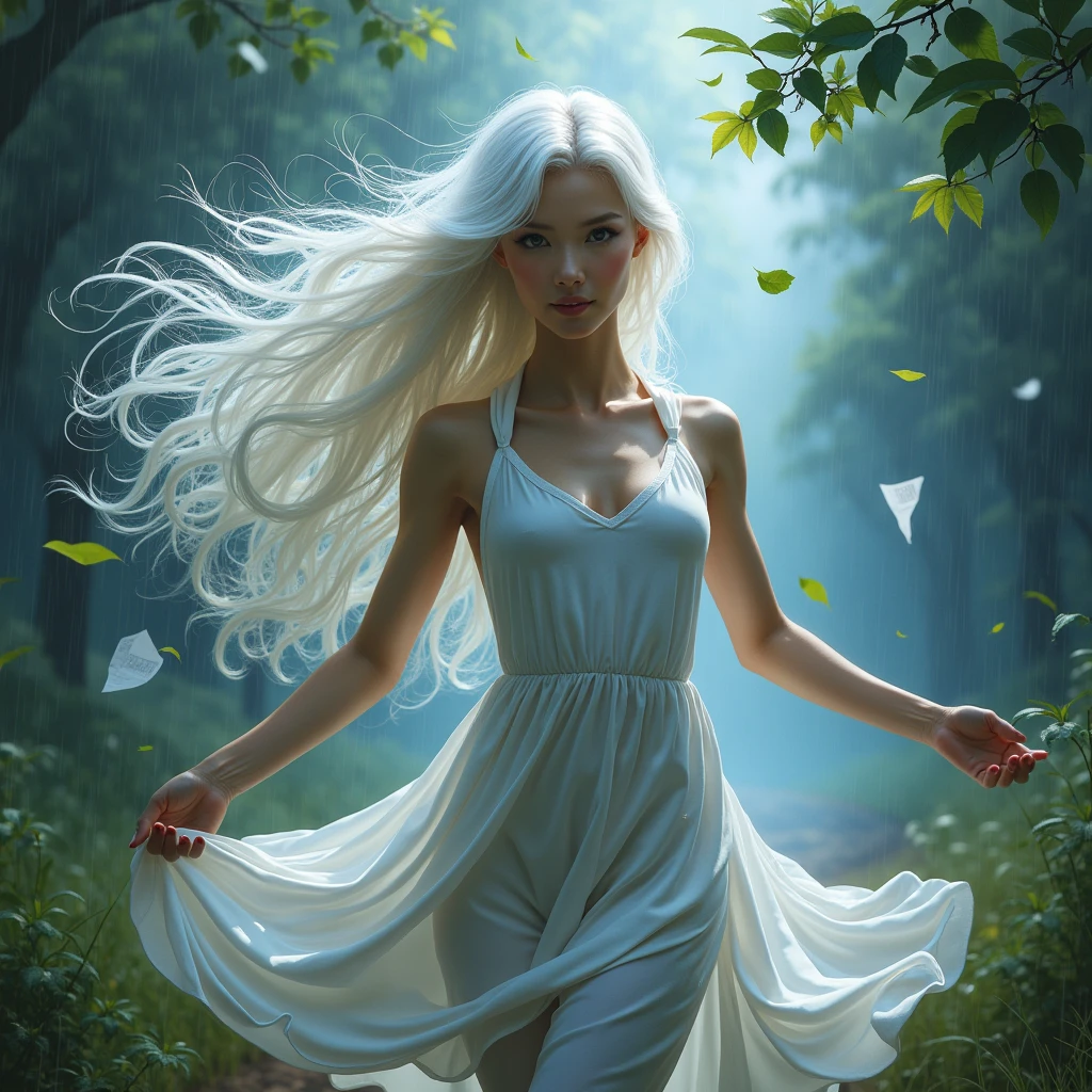 portrait character the body is made of air, air skin, air element Creature, dance with wind and leaves, beautiful, proud, high detail, masterpiece, white hyper long hair, With trees in the background, skin emits light, eyes emits light, athletic body, erotic outfit, lots of wind in her hair, in the trees and in the whole scene, stormy clouds, rain, lightning, newspapers and papers blown by a strong wind. twister