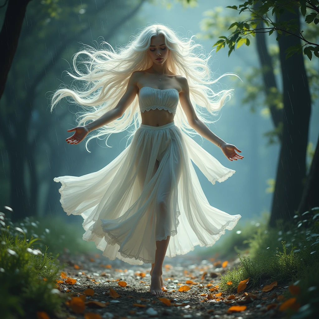 portrait character the body is made of air, air skin, air element Creature, dance with wind and leaves, beautiful, proud, high detail, masterpiece, white hyper long hair, With trees in the background, skin emits light, eyes emits light, athletic body, erotic outfit, lots of wind in her hair, in the trees and in the whole scene, stormy clouds, rain, lightning, newspapers and papers blown by a strong wind. twister