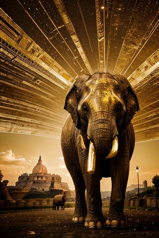 UFO flying in Rome, 2 elephants walking, gold background