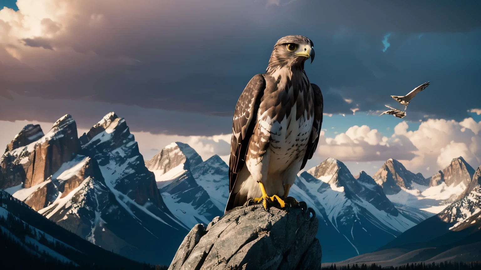 a majestic hawk staring intensely at the camera, dramatic rocky mountains in the background, cinematic lighting, ultra-detailed, photorealistic, 8k, masterpiece, dramatic lighting, stunning landscape, awe-inspiring scenery, dramatic atmosphere, vibrant colors, captivating gaze, powerful bird of prey, rugged terrain, natural wonders, stunning realism, breathtaking vista, cinematic composition