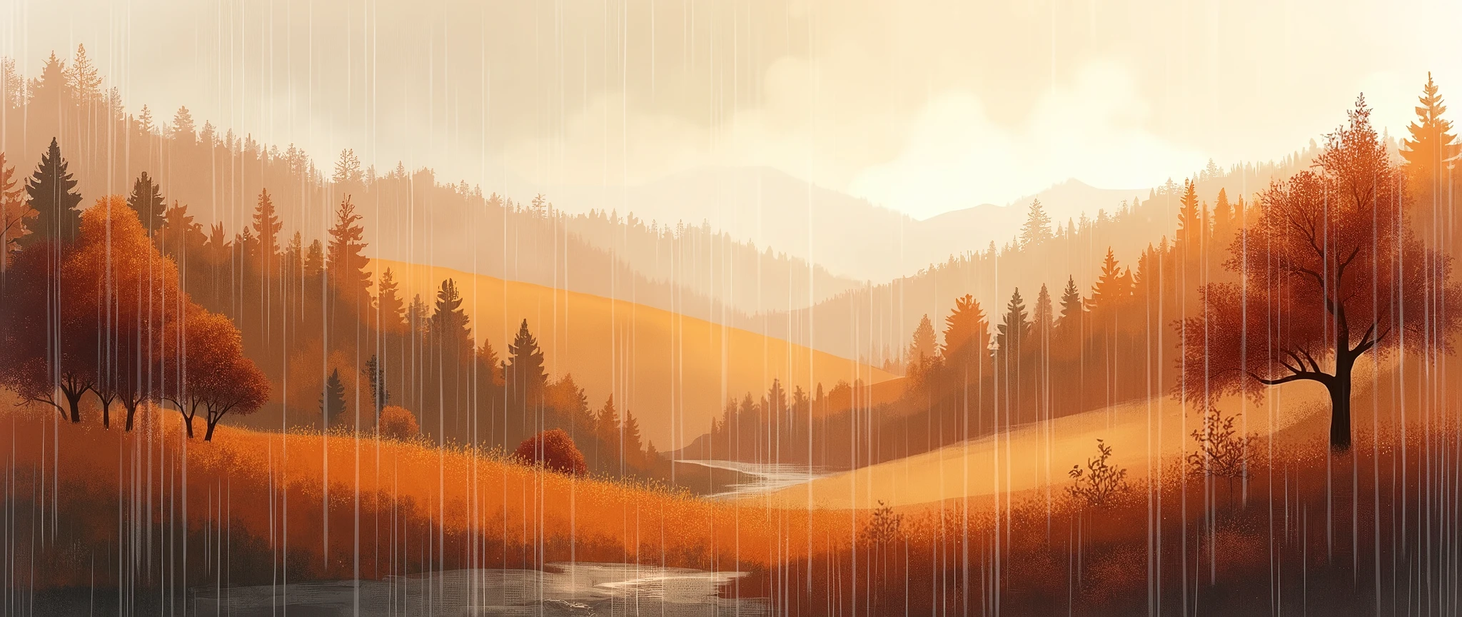 Dark Autumn rain, Fall Lofi, landscape,water color