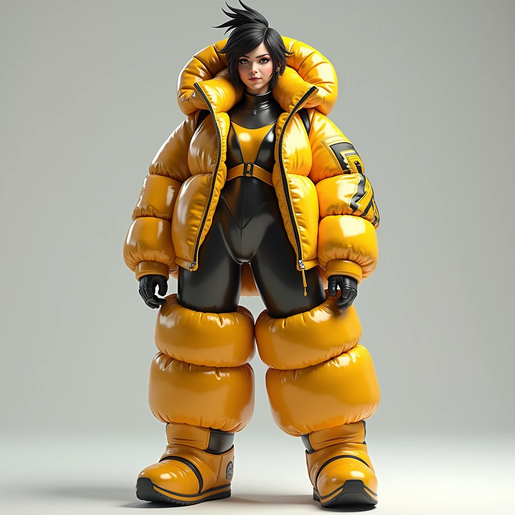full picture, realist,  Tracer from Overwatch inside her fullzipped hooded glossy overfilled thick duvetica puffer vest covering over her glossy longsleeved latex topwear, her shiny legging, her full-foot glossy hyper padded overfilled thick inflated puffer slipers, a masterpiece, high details, high quality, high resolution 