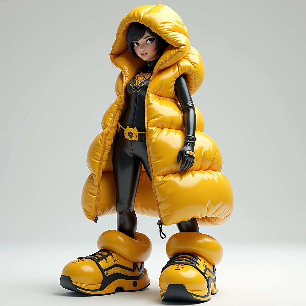full picture, realist,  Tracer from Overwatch inside her fullzipped hooded glossy overfilled thick duvetica puffer vest covering over her glossy longsleeved latex topwear, her shiny legging, her full-foot glossy hyper padded overfilled thick inflated puffer slipers, a masterpiece, high details, high quality, high resolution 