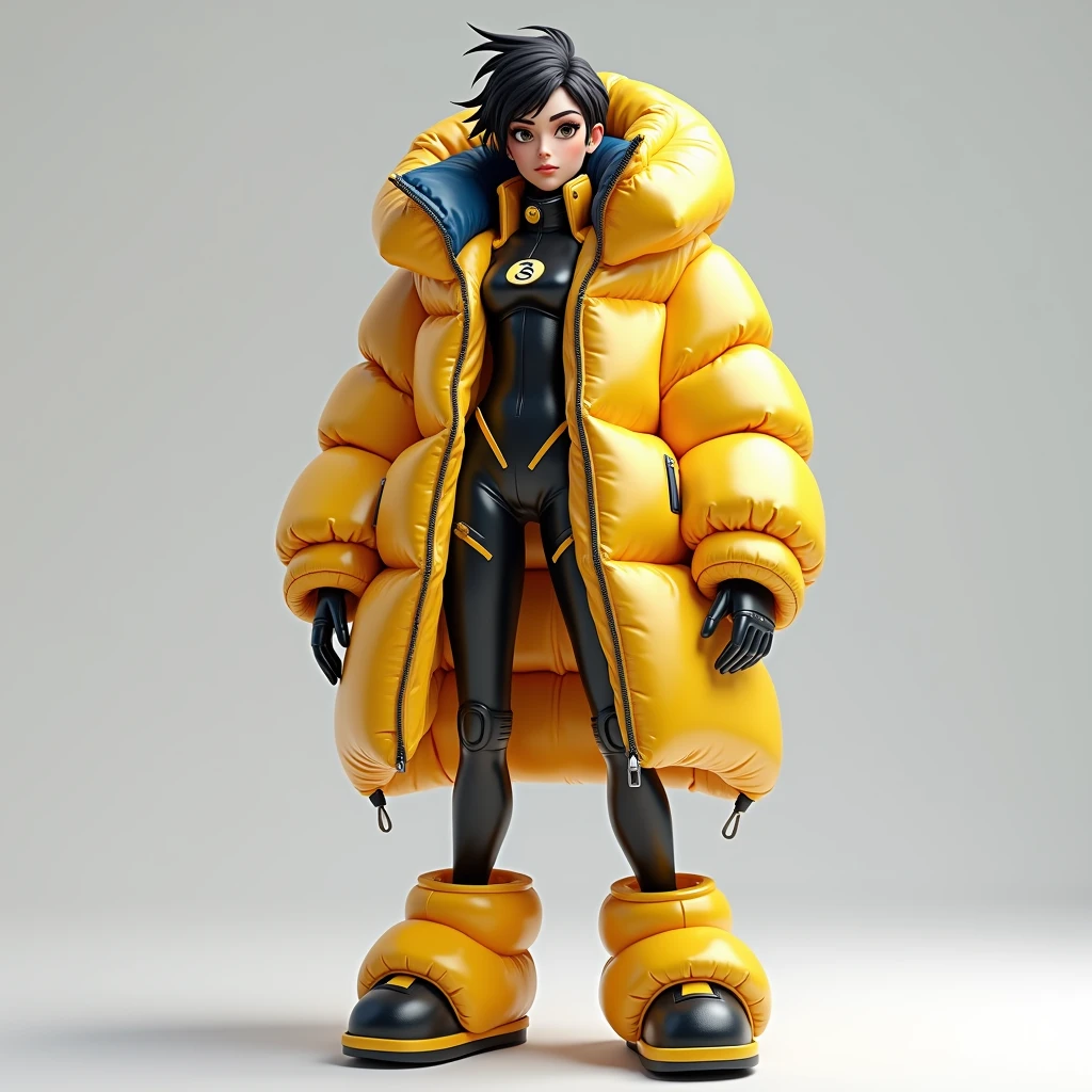 full picture, realist, Tracer from Overwatch inside her fullzipped hooded glossy overfilled thick duvetica puffer vest covering over her glossy longsleeved latex topwear, her shiny legging, her full-foot glossy hyper padded overfilled thick inflated puffer slipers, a masterpiece, high details, high quality, high resolution