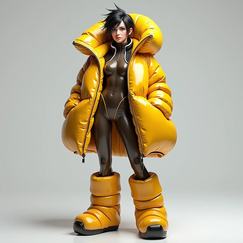 full picture, realist, Tracer from Overwatch inside her fullzipped hooded glossy overfilled thick duvetica puffer vest covering over her glossy longsleeved latex topwear, her shiny legging, her full-foot glossy hyper padded overfilled thick inflated puffer slipers, a masterpiece, high details, high quality, high resolution