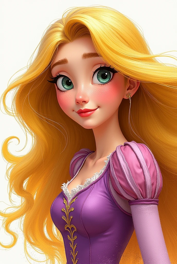 Disney's Rapunzel, representing his personality with his pose , half body ,let your hair surround the image , brave look in crayon and pencil
