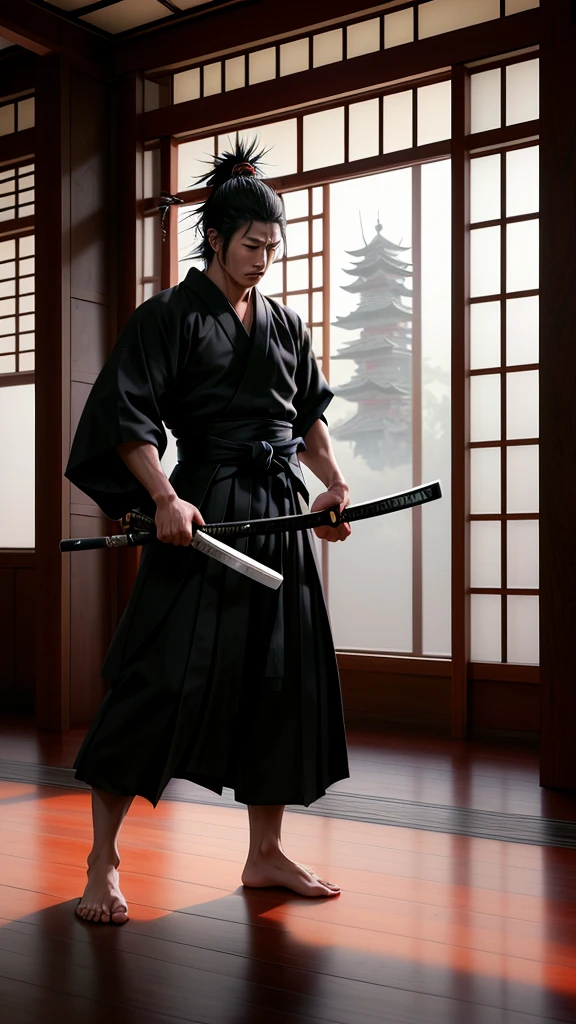 A dramatic image of Yagyu Munenori, the legendary samurai and swordsman, in mid-action, practicing his swordsmanship. Munenori is wearing a dark, flowing hakama and a plain kimono, with a katana gripped firmly in his hands. His hair is tied back in a traditional samurai style, and his expression is focused, exuding calmness and precision. The setting is a traditional dojo, with wooden floors and walls lined with calligraphy scrolls. Sunlight filters through paper windows, creating an atmosphere of disciplined training. His stance is low and balanced, demonstrating his mastery of martial arts.