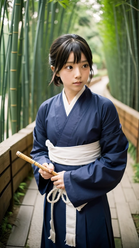 Japanese cosplays as Okita Souji of the Shinsengumi, sidelong glance, end of Edo period, Kyoto, bamboo forest