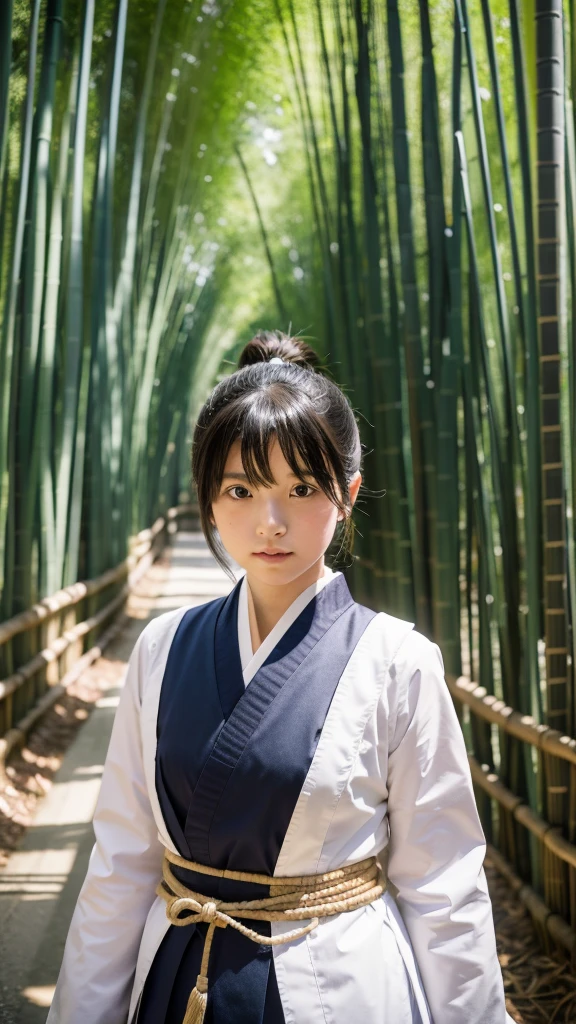 Japanese elementary school girl cosplays as Okita Souji of the Shinsengumi, sidelong glance, end of Edo period, Kyoto, bamboo forest