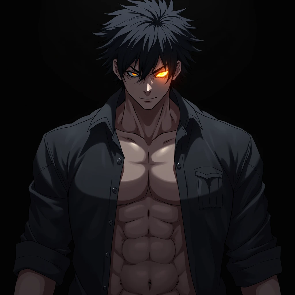 Generate a dark, intense anime-style character portrait. The character should be a muscular male with a sharp, angular face, spiky black hair, and a fierce expression. His hair should have a slightly wild look with strands falling over his face. The character's right eye should be glowing with a fiery orange light, while the left eye remains dark, adding to the menacing vibe. His attire should include an open dark gray shirt, revealing his chiseled chest and abs. The shirt should have a futuristic, slightly reflective texture with faint glowing accents along the edges, adding to the overall dark, sci-fi theme. The background should be pitch black