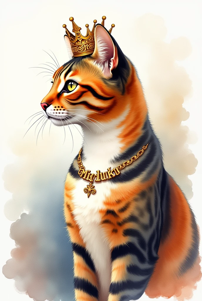 Watercolor painting of a striped tricolor cat dressed as a queen seen in profile with a gold necklace that says MIYUKI