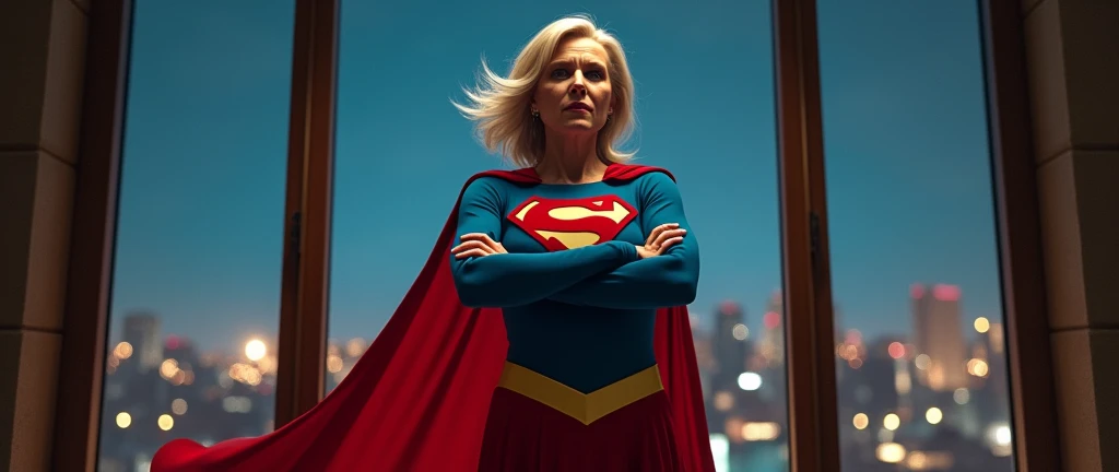 (((very beautiful old Supergirl (((1984s Supergirl movie costume))) Julie Hagerty))) Super old woman Julie Hagerty; confident, powerful, indestructible, attractive; big and firm chest; strong breasts; arms crossed. , floating outside a window; straight body; view from inside to outside, full body fluttering curtains, night, cinematic lighting, dramatic pose, beautiful detailed eyes, beautiful detailed lips, extremely detailed face and features, elegant, graceful, flowing cape, vibrant colors, hyperrealistic, 8k, high quality, intricate details, photorealistic, masterpiece