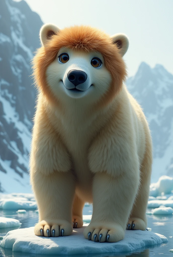 A Furry polar bear with puffy brown hair
