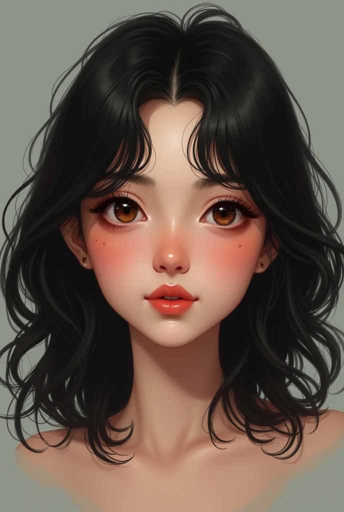 brunette girl , with shoulder-length black wavy hair, medium compñexion
, small, slanted eyes with a mole between them on the bridge of the nose, small and flat nose, small mouth with full lips and a perfect cupid&#39;s bow, a lump on the right cheek 
