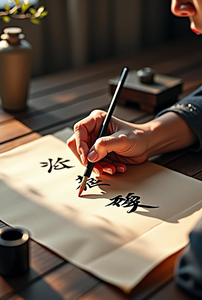 Writing calligraphy on rice paper on the table。There are four treasures of the study on the table。
Only the writing hand and brush are shown in the picture