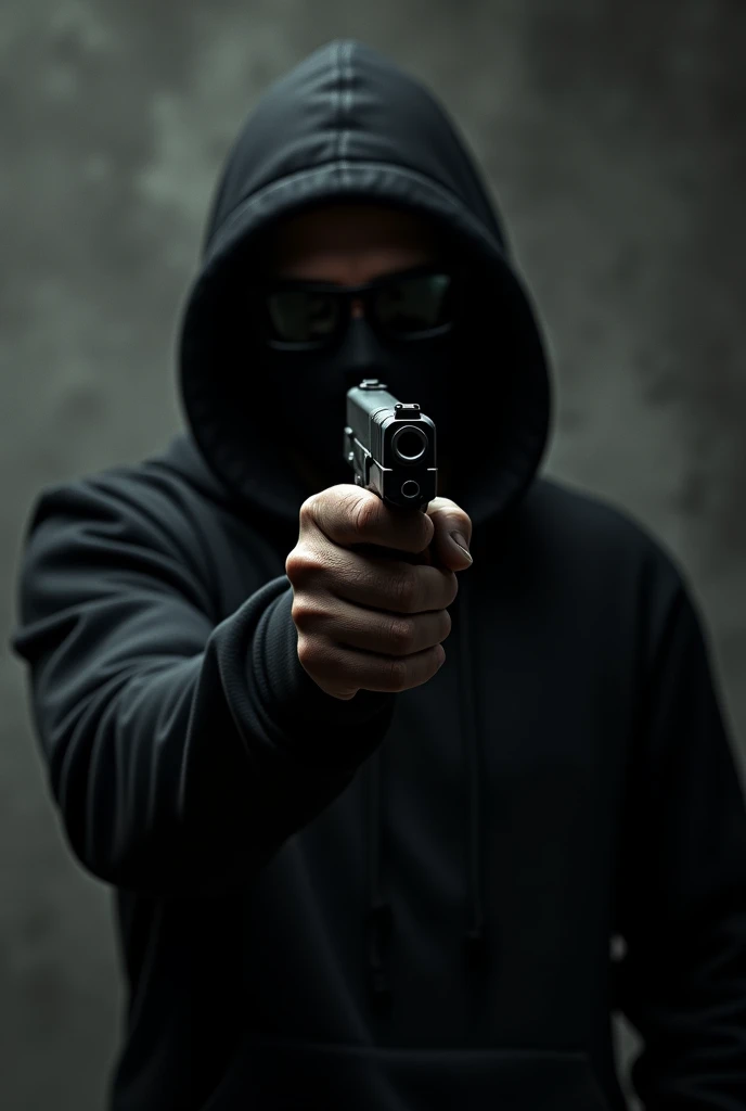 A guy in a black sweatshirt and sunglasses holding a black pistol with white details