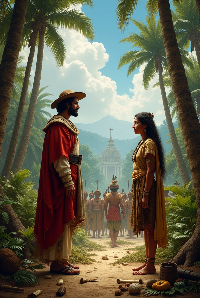 It recreates a panoramic scene of a face-to-face meeting between Christopher Columbus and an indigenous American during the time of the conquest., These are found in the jungle and behind the Spanish there are weapons and Catholic symbols such as crosses., scrolls and firearms and on the indigenous side gold, spears and medicinal herbs...