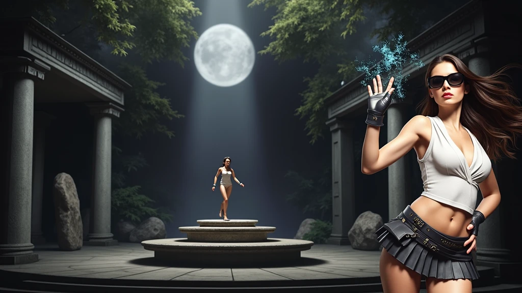 A young futuristic female sorcerer with a glowing floating small crystal stone, releasing mysterial spell and magical power, facing and defeating dark forces and beings. She stands with her right hand raised forward with a blue fire of light, at night, (1girl, solo, alone), photorealistic, large-breast slim:0.6 body, oval:0.5 face, cleavage:1.1, very low angle view of pleated miniskirt, deep-v, (upskirt), glove, (Matrix style black micro sunglasses), dynamic running pose, (half-body thigh level close-up shot), cinematic lighting, ray tracing, motion blur background.