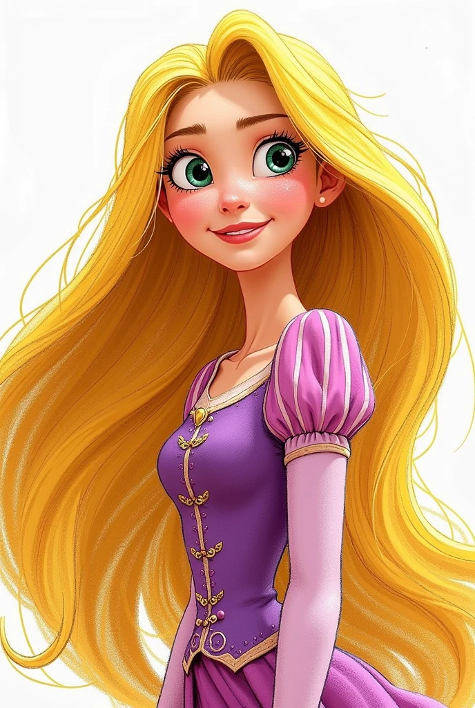 Disney's Rapunzel, representing his personality with his pose , half body ,let your hair surround the image , brave look in crayon and pencil