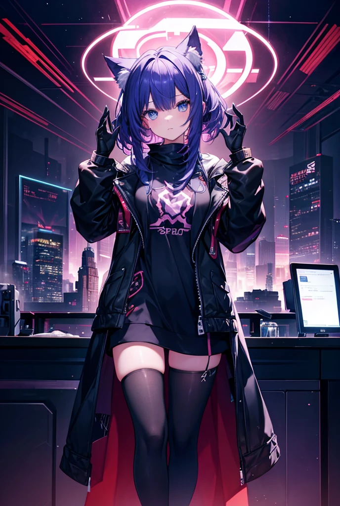 A beautiful girl in the movie world operates a virtual display with both hands while checking it in the metaverse.。Dark Space and Cybermane